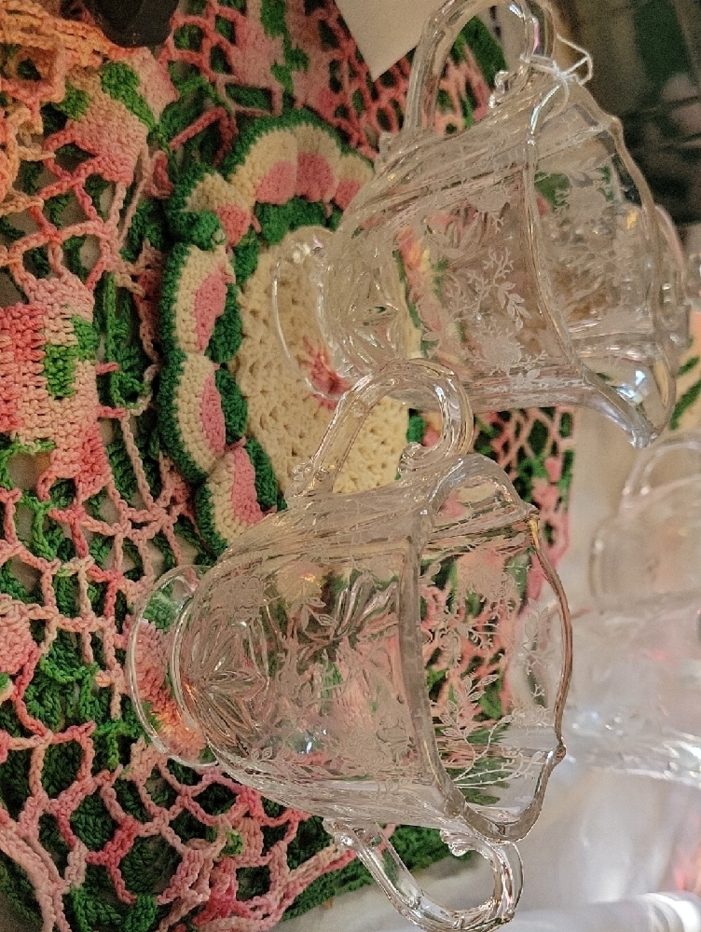 Vintage Chintz Baroque Etched Clear Glass Cream & Sugar Set. Elegant